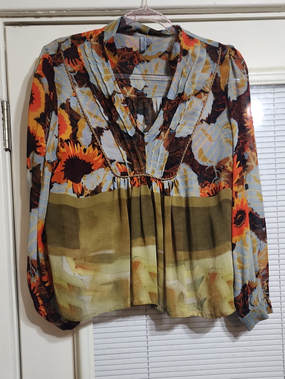 Sunflower Print V-Neck Peasant Blouse - Multi/Olive (ANTHROPOLOGY)
